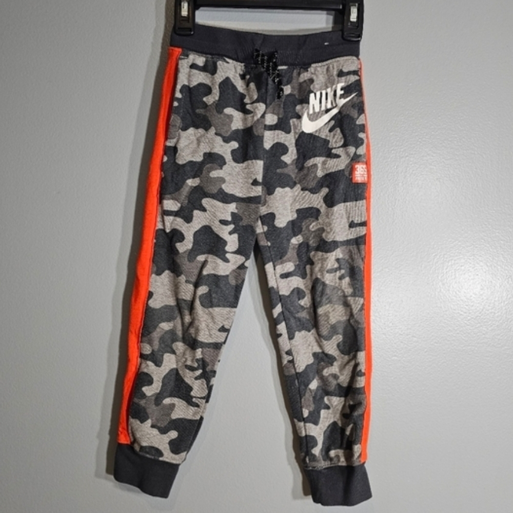 Camo Joggers in Gray & Black with Orange Stripes Down Legs - Picture 1 of 3
